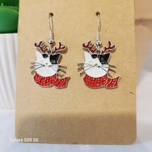 Christmas Theme Cat w/Reindeer Antlers Dangle Drop‎ Earrings NEW Women's Holiday